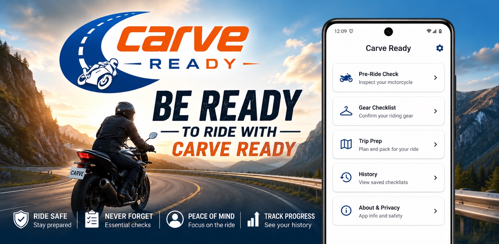 Carve Ready — Be ready to ride. App screens showing Pre-Ride Check, Gear Checklist, Trip Prep, History and About.
